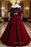 Burgundy Velvet Off the Shoulder Black Bow Formal Prom Dresses