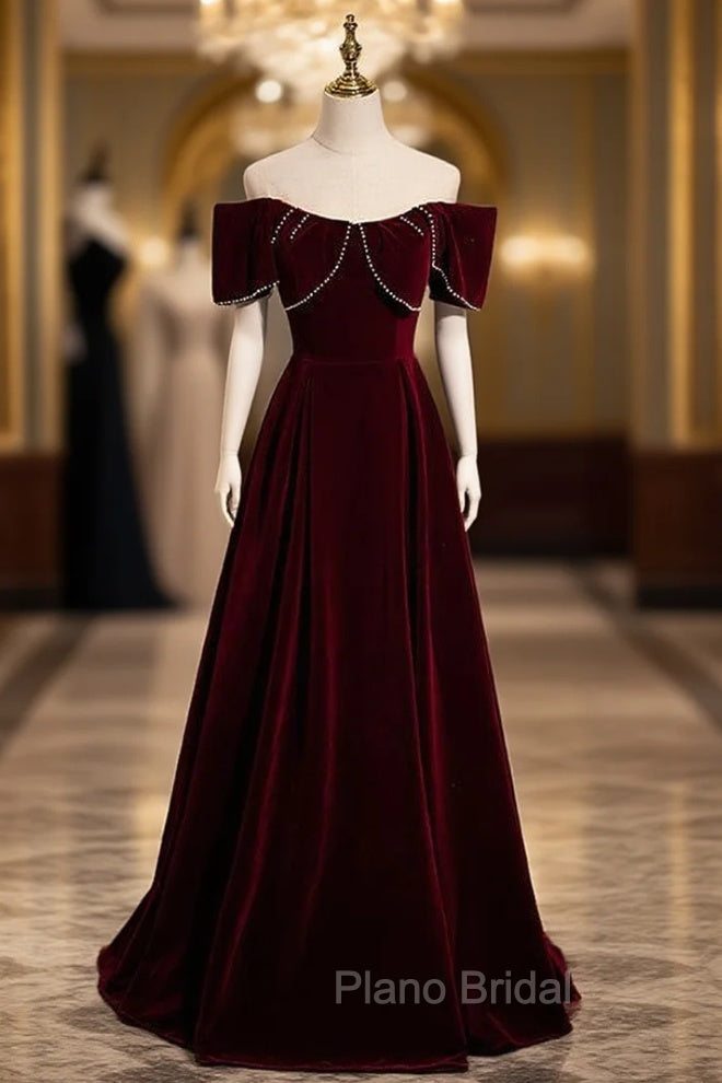 Burgundy Velvet Off the Shoulder Pearls Formal Prom Dresses Main image