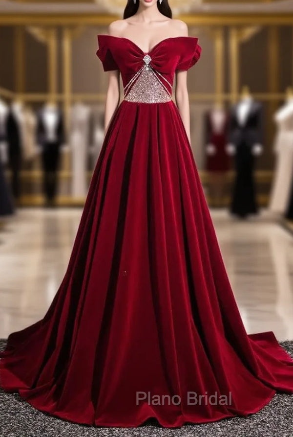 Burgundy Velvet Off the Shoulder Pleats Beading Formal Prom Dresses Main image
