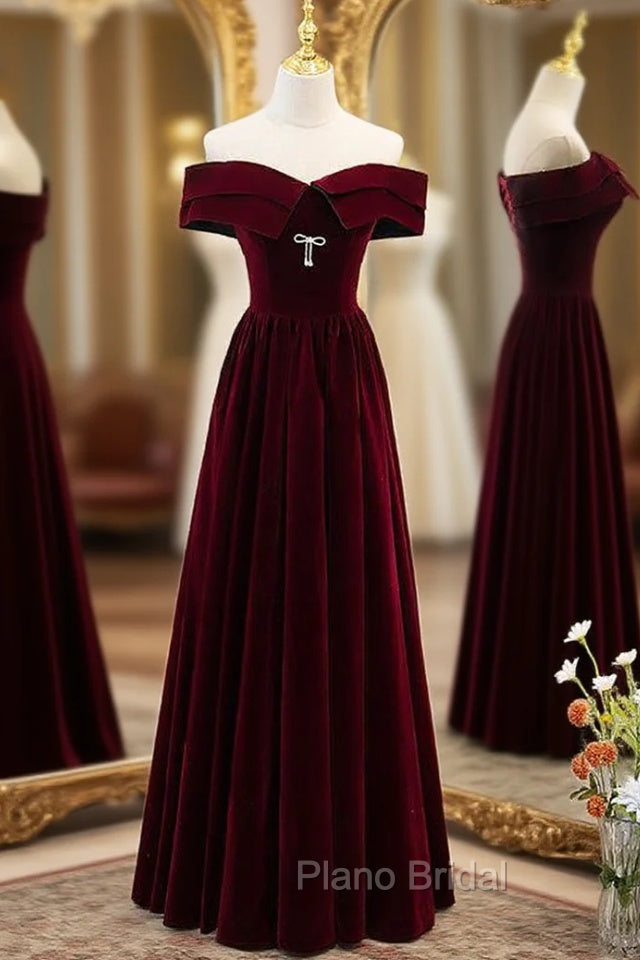 Burgundy Velvet Off the Shoulder Formal Prom Dresses Main image