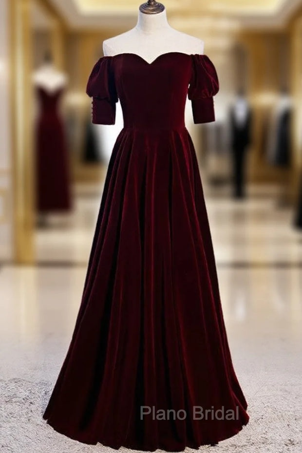 Burgundy Velvet Off the Shoulder Short Sleeve Formal Prom Dresses