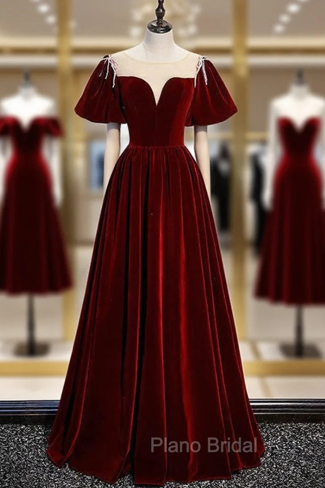Burgundy Velvet Puff Sleeve Beading Formal Prom Dresses