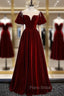 Burgundy Velvet Puff Sleeve Beading Formal Prom Dresses
