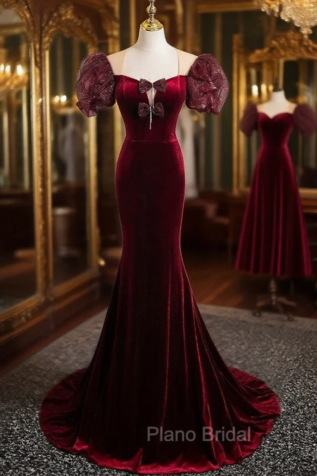 Burgundy Velvet Puff Sleeve Bow Formal Prom Dresses Main image