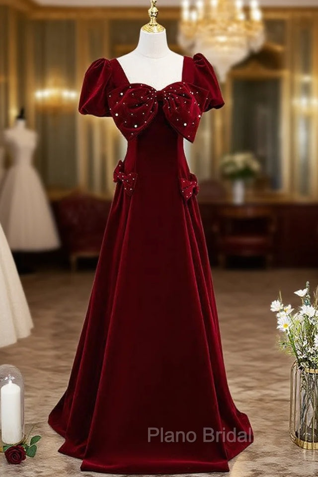 Burgundy Velvet Puff Sleeve Formal Prom Dresses With Bow
