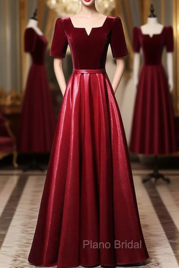 Burgundy Velvet Satin Short Sleeve Formal Prom Dresses Main image