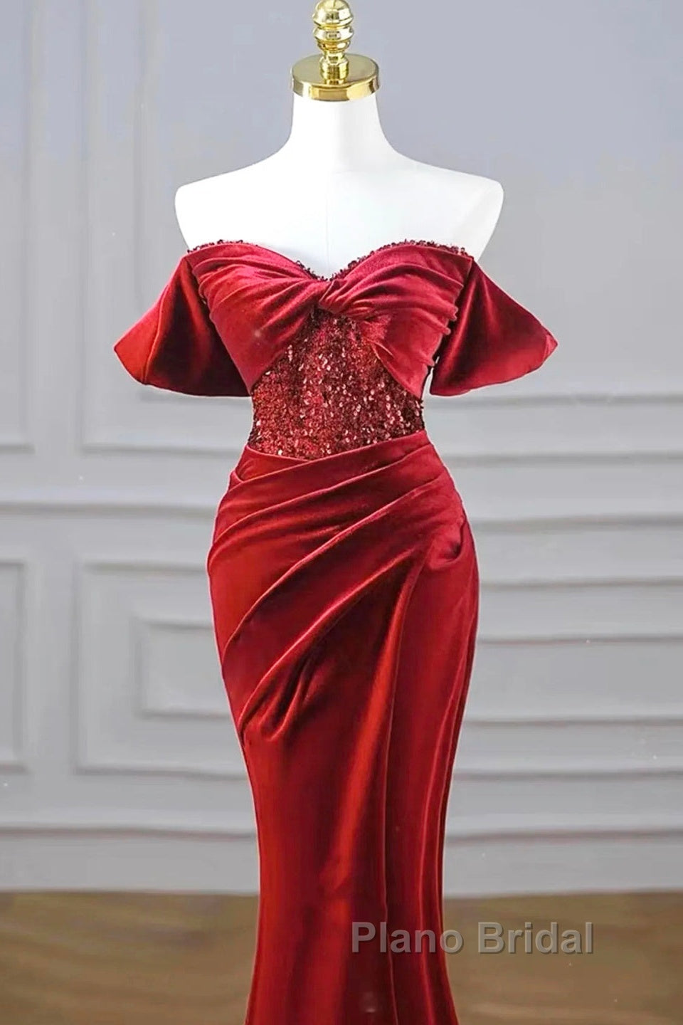 Burgundy Velvet Sequins Long Formal Prom Dresses, Mermaid Off The Shoulder Party Dresses With Slit Secondary image