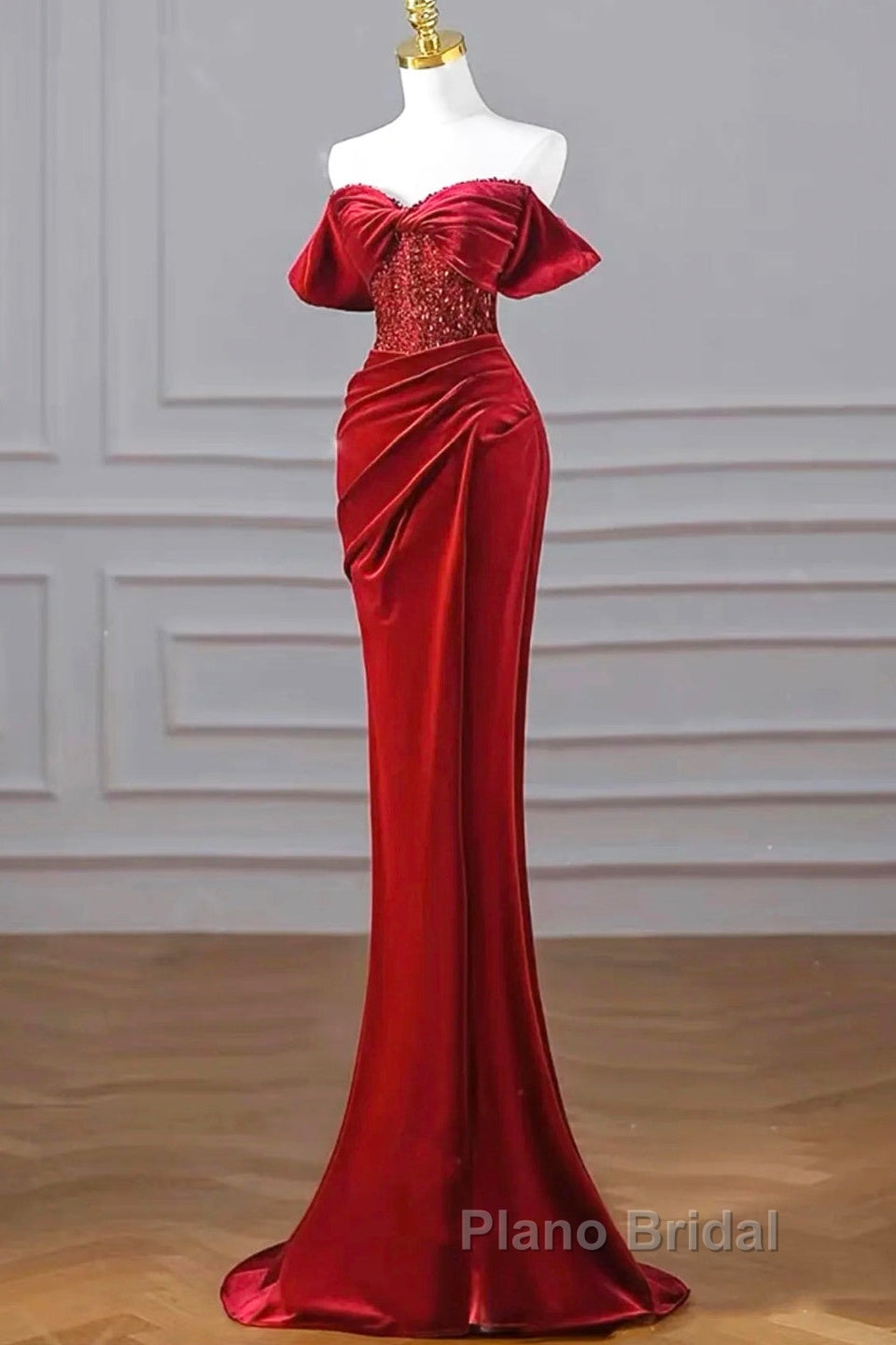 Burgundy Velvet Sequins Long Formal Prom Dresses, Mermaid Off The Shoulder Party Dresses With Slit