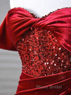 Burgundy Velvet Sequins Long Formal Prom Dresses, Mermaid Off The Shoulder Party Dresses With Slit