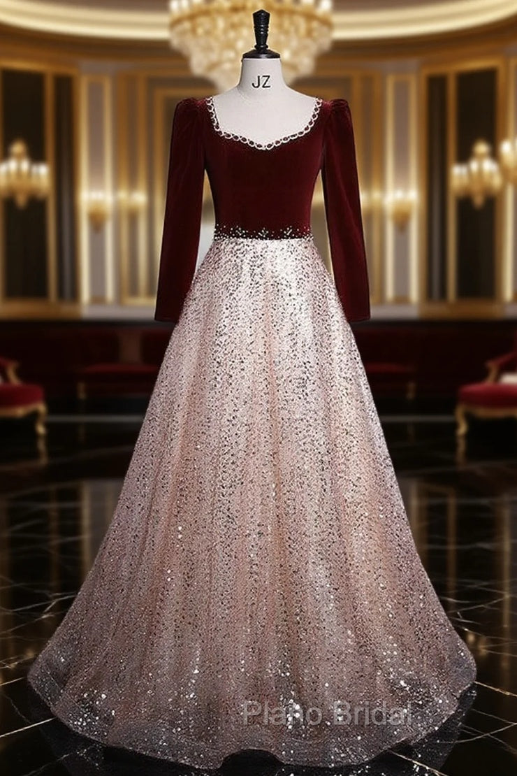 Burgundy Velvet Sequins Long Sleeve Beading Formal Prom Dresses