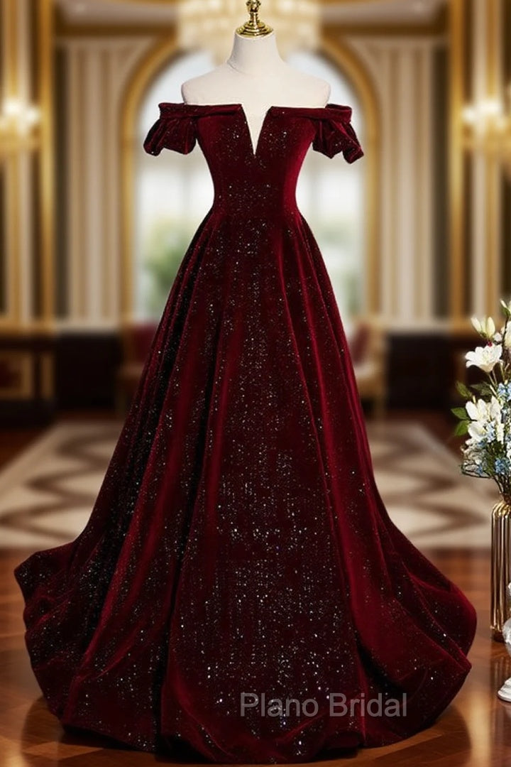 Burgundy Velvet Sequins Off the Shoulder Formal Prom Dresses Main image