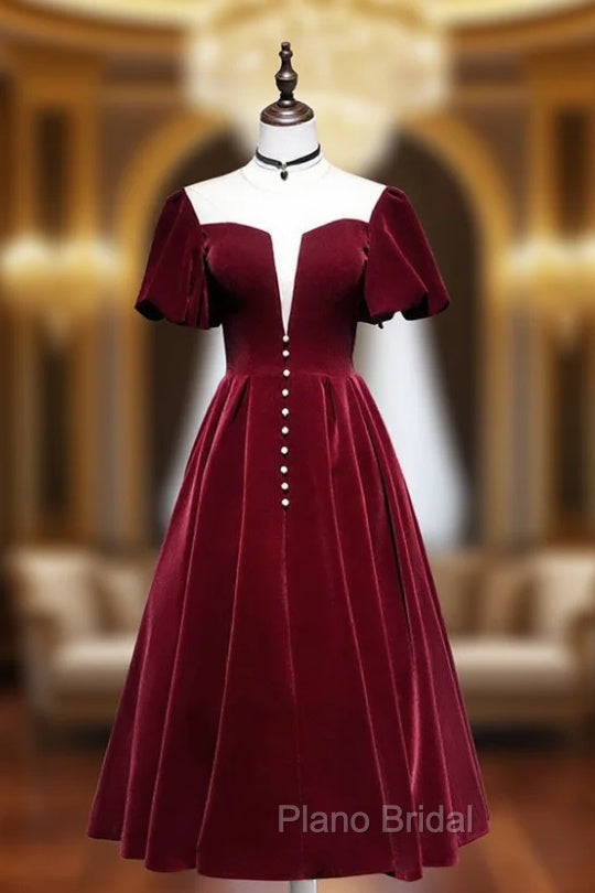 Burgundy Velvet Short Formal Prom Dresses, Cute A-Line Party Dresses Main image