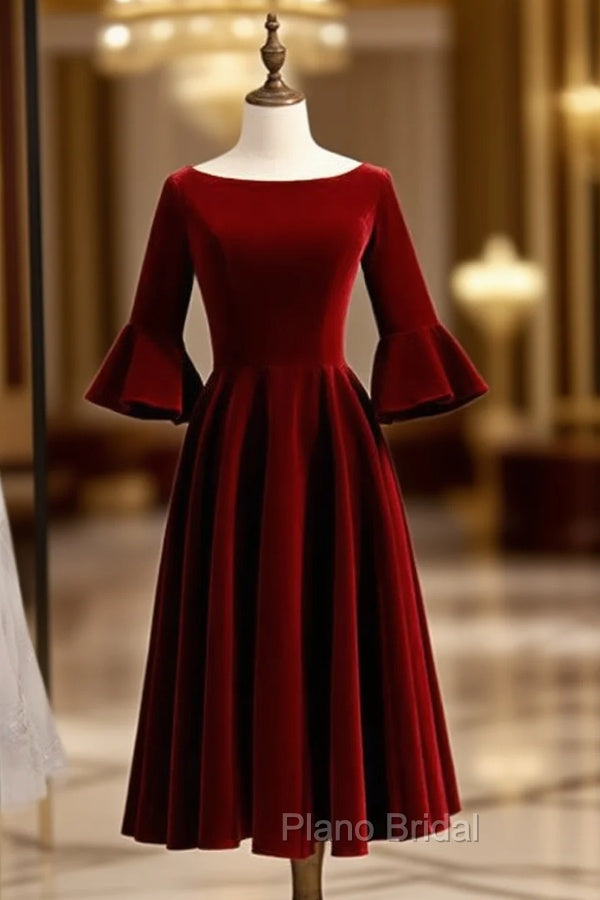 Burgundy Velvet Short Sleeve Bateau Neck Short Formal Prom Dresses Main image