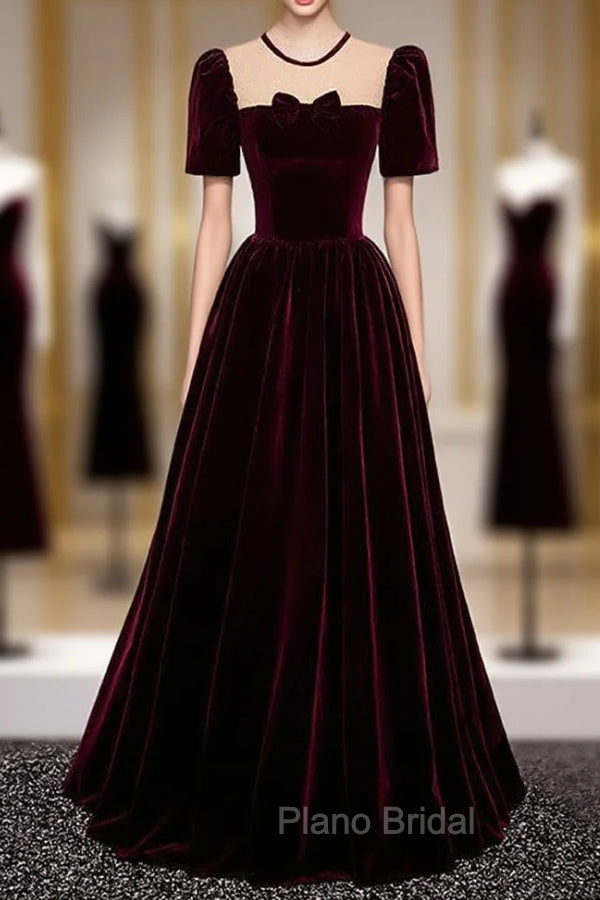 Burgundy Velvet Short Sleeve Bow Formal Prom Dresses