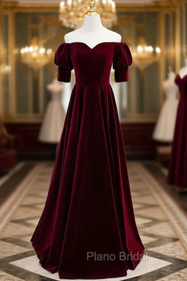 Burgundy Velvet Short Sleeve Long Formal Prom Dresses
