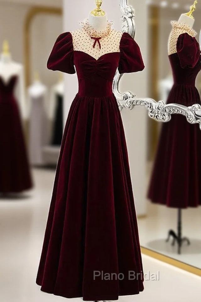Burgundy Velvet Short Sleeve Formal Prom Dresses Main image