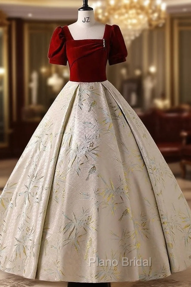 Burgundy Velvet Short Sleeve Quinceanera Dresses