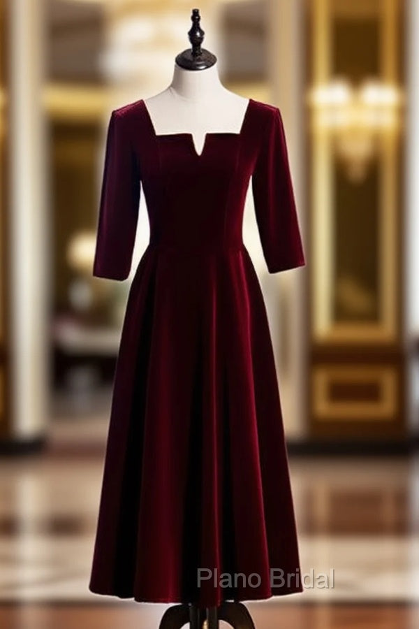 Burgundy Velvet Short Sleeve Square Tea Length Formal Prom Dresses Main image