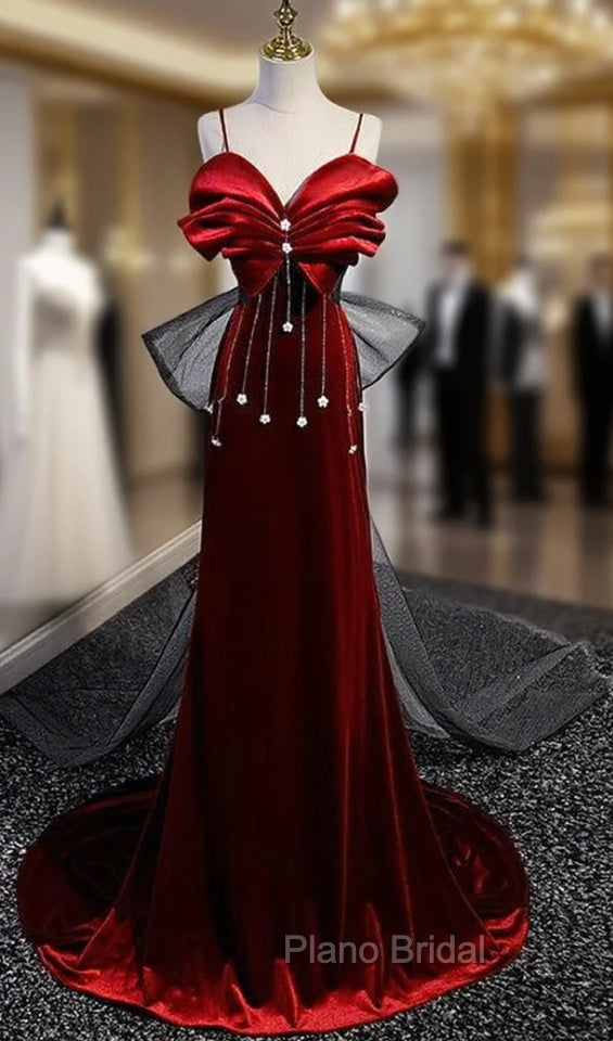 Burgundy Velvet Spaghetti Straps Pleats Formal Prom Dresses Main image