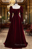 Burgundy Velvet Square Bow Long Sleeve Formal Prom Dresses