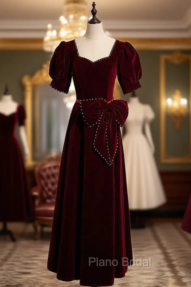 Burgundy Velvet Square Puff Sleeve Pearls Formal Prom Dresses