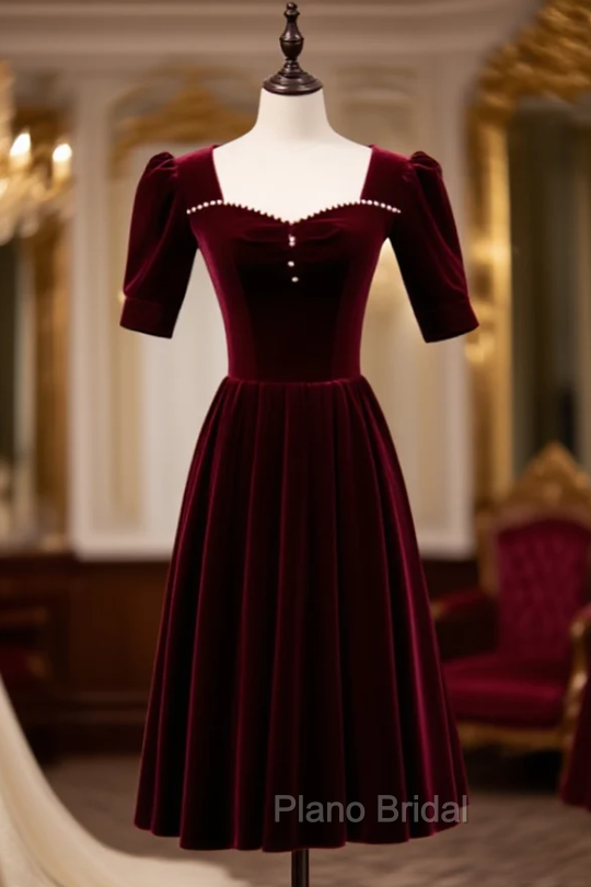 Burgundy Velvet Square Short Sleeve Pearls Formal Prom Dresses