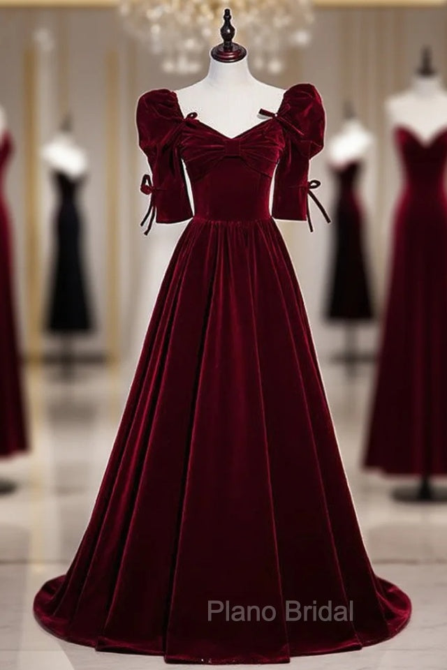 Burgundy Velvet Square Short Sleeve Pleats Formal Prom Dresses
