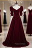 Burgundy Velvet Square Short Sleeve Pleats Formal Prom Dresses
