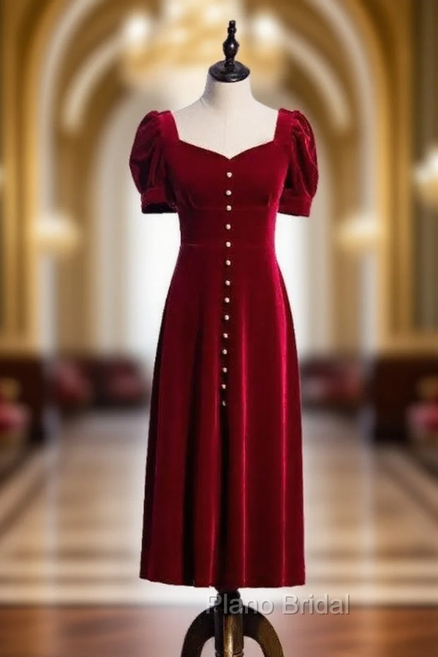 Burgundy Velvet Square Short Sleeve Formal Prom Dresses Main image
