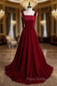 Burgundy Velvet Straps Beading Formal Prom Dresses