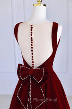 Burgundy Velvet Tea Length Formal Prom Dresses, A-Line Party Dresses with Bow