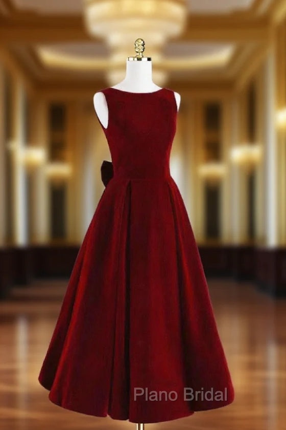 Burgundy Velvet Tea Length Formal Prom Dresses, A-Line Party Dresses with Bow Main image