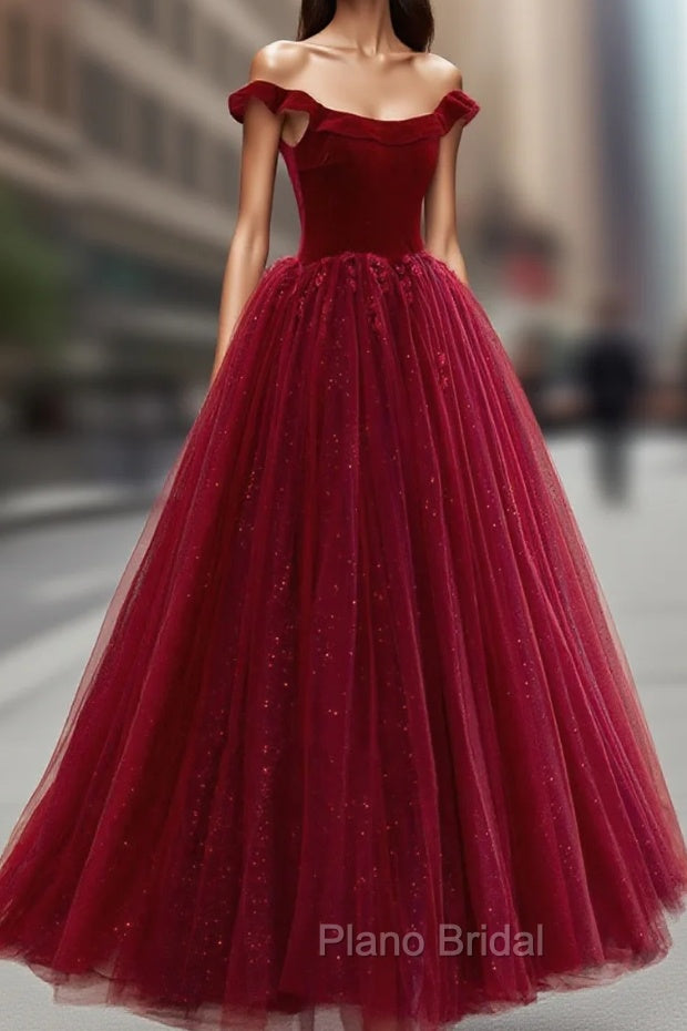 Burgundy Velvet Tulle Floor Length Formal Prom Dresses, Lovely Evening Party Dresses Secondary image