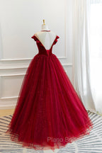Burgundy Velvet Tulle Floor Length Formal Prom Dresses, Lovely Evening Party Dresses