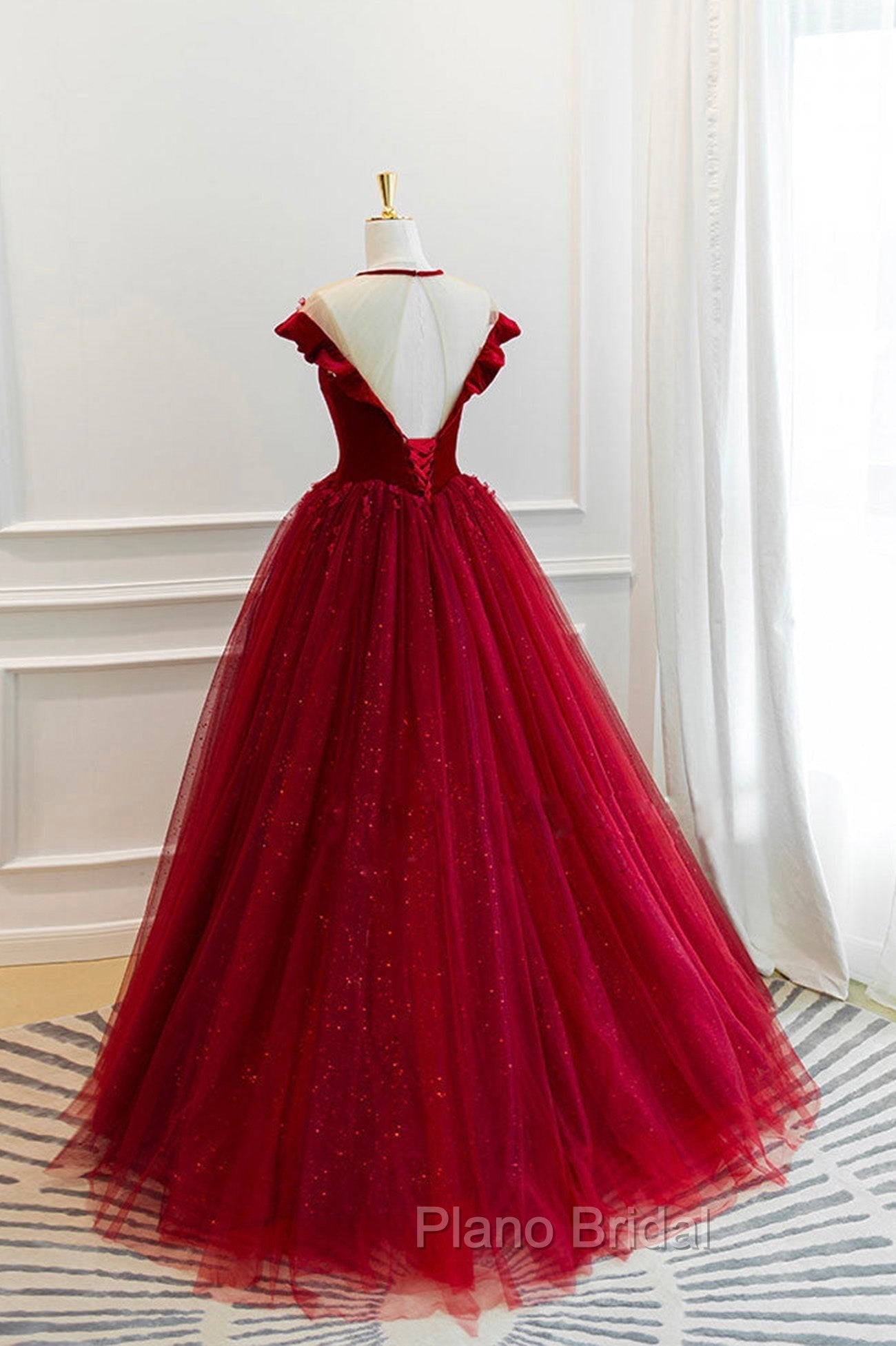 Burgundy Velvet Tulle Floor Length Formal Prom Dresses, Lovely Evening Party Dresses
