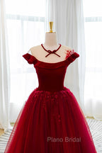 Burgundy Velvet Tulle Floor Length Formal Prom Dresses, Lovely Evening Party Dresses