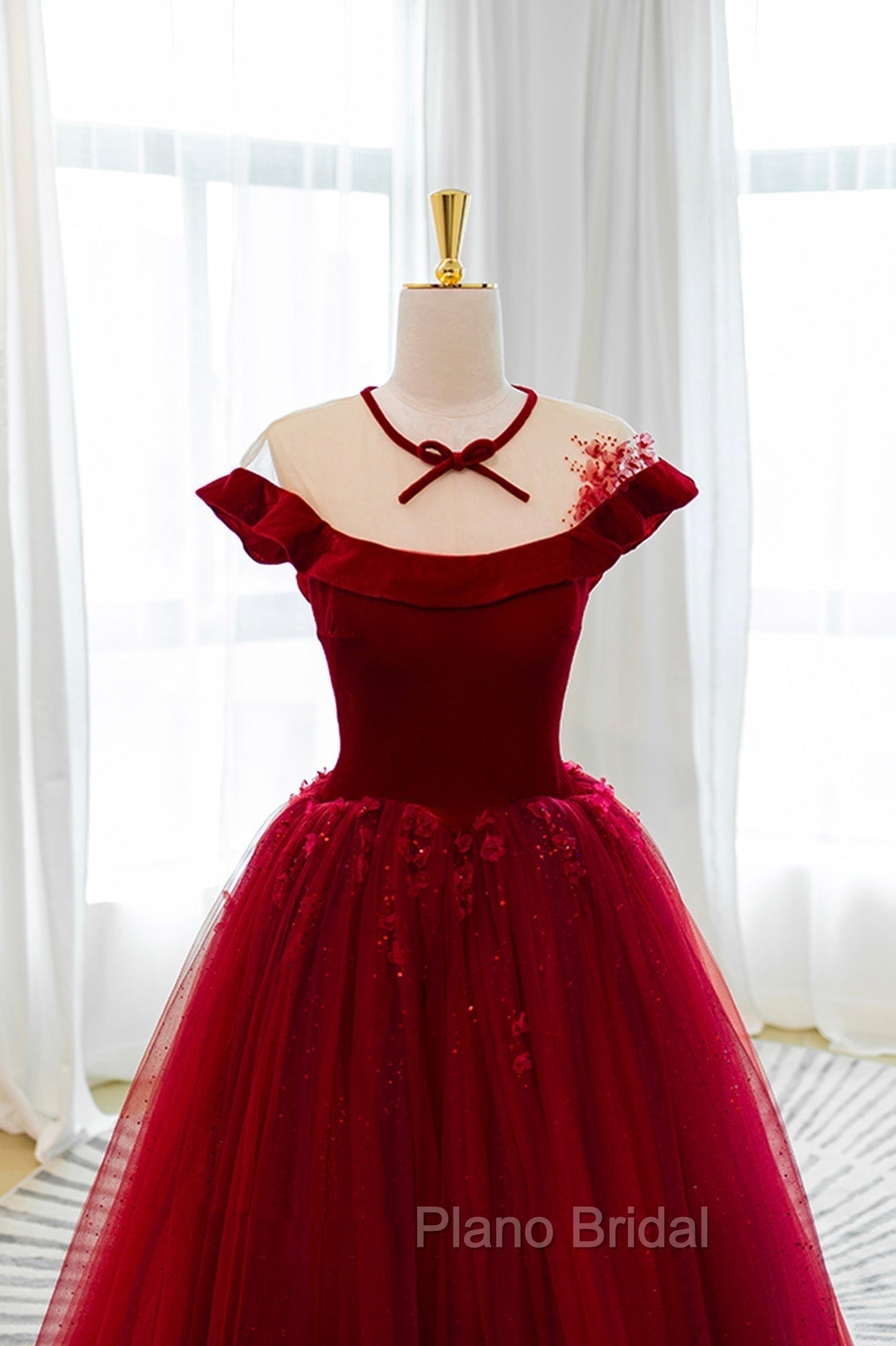 Burgundy Velvet Tulle Floor Length Formal Prom Dresses, Lovely Evening Party Dresses