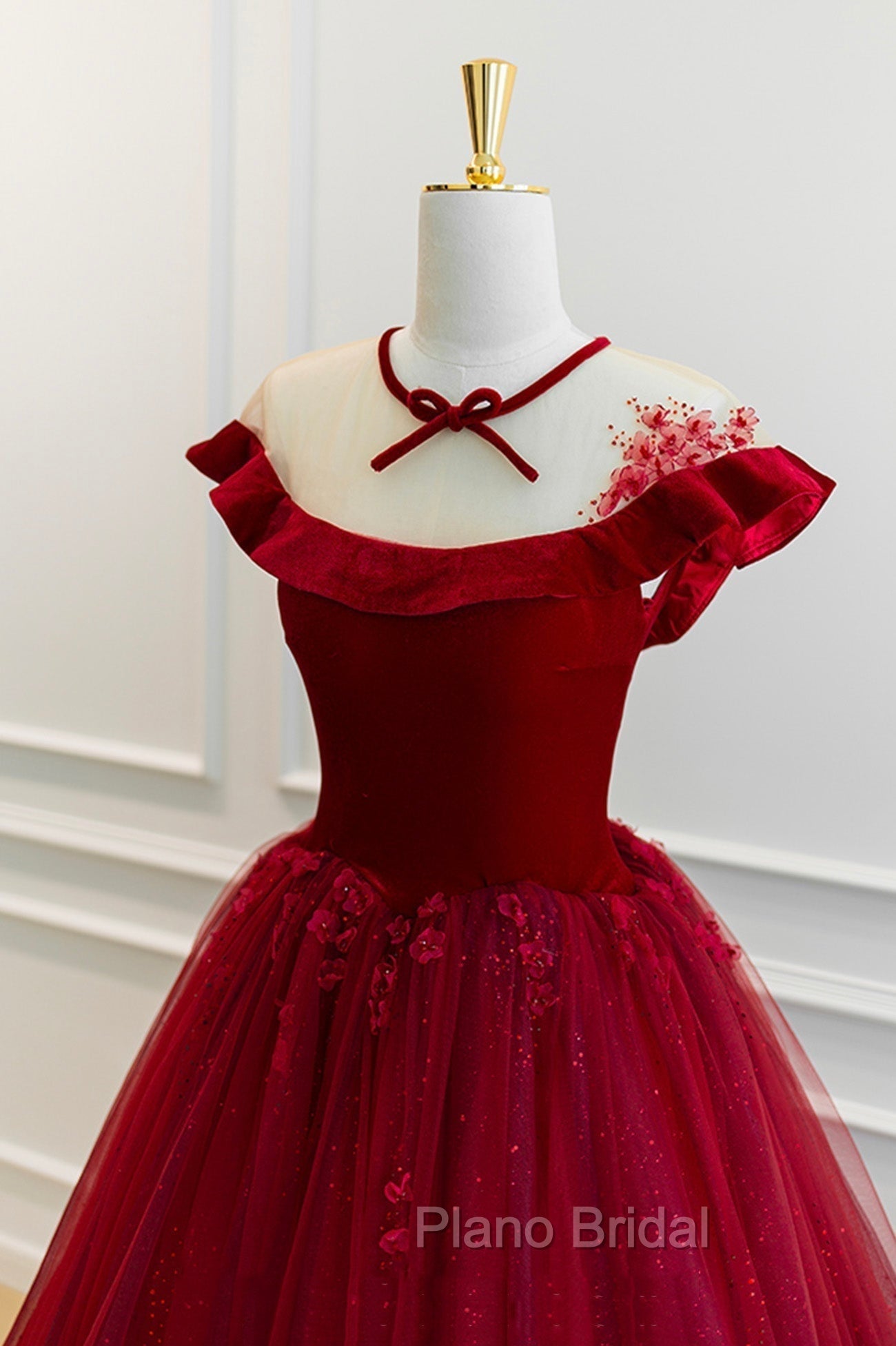 Burgundy Velvet Tulle Floor Length Formal Prom Dresses, Lovely Evening Party Dresses