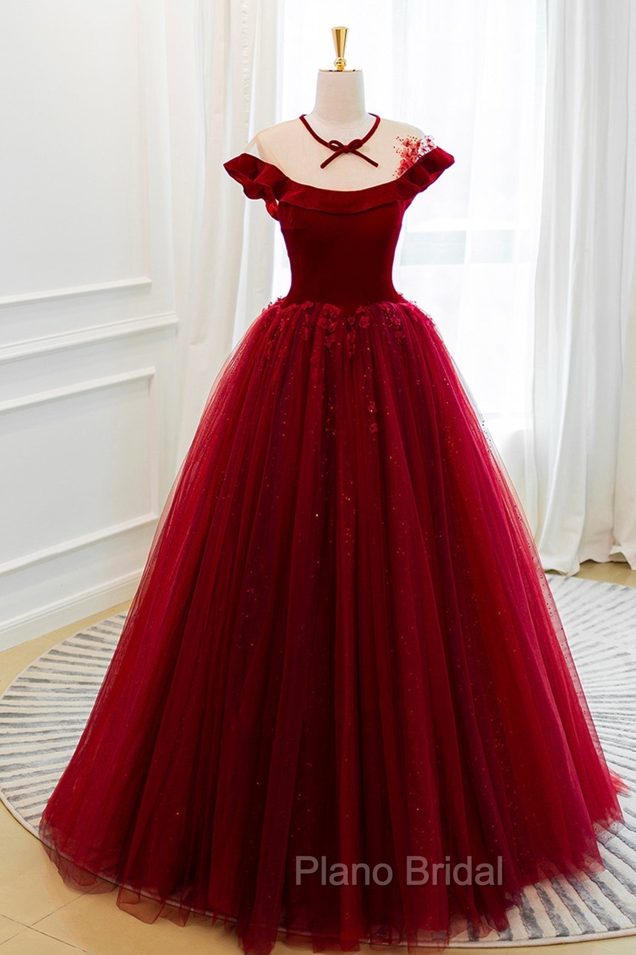 Burgundy Velvet Tulle Floor Length Formal Prom Dresses, Lovely Evening Party Dresses