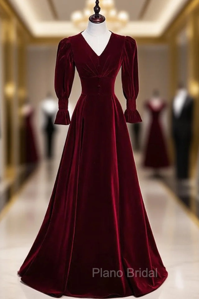 Burgundy Velvet V-neck Long Sleeve Button Formal Prom Dresses Main image