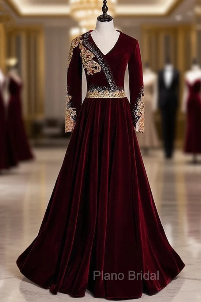 Burgundy Velvet V-neck Long Sleeve Gold Beading Formal Prom Dresses