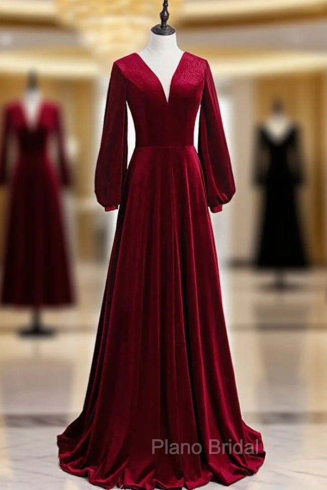 Burgundy Velvet V-neck Long Sleeve Long Formal Prom Dresses