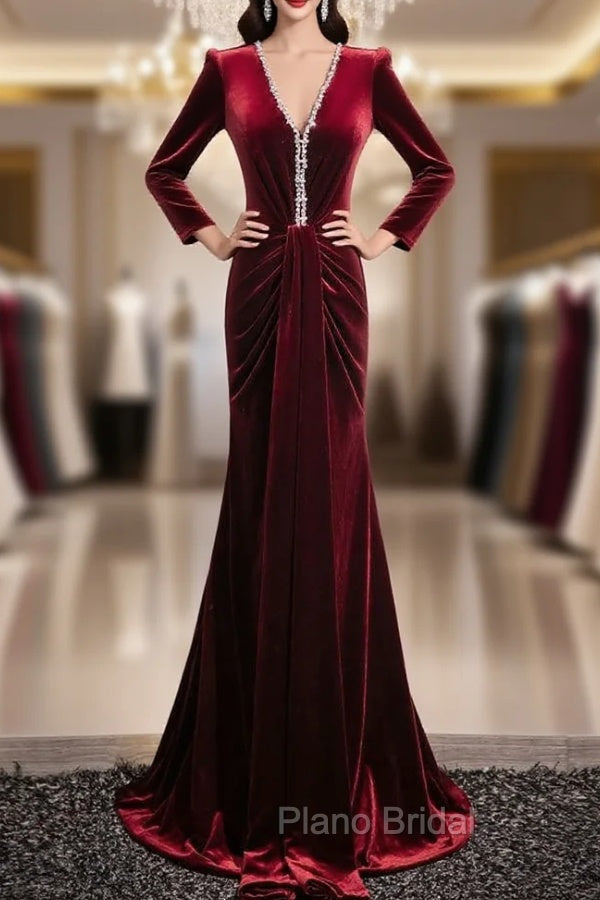 Burgundy Velvet V-neck Long Sleeve Formal Prom Dresses