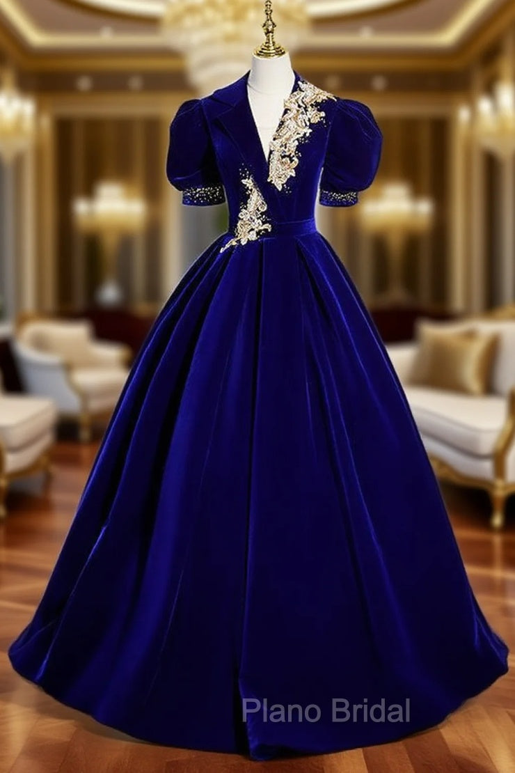 Burgundy Velvet V-neck Puff Sleeve Appliques Formal Prom Dresses