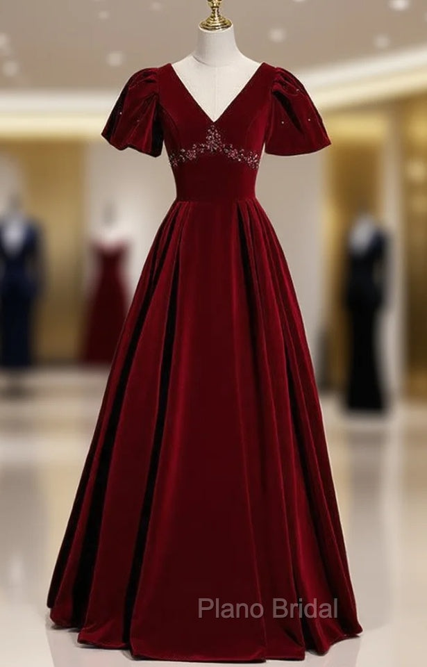Burgundy Velvet V-neck Puff Sleeve Beading Formal Prom Dresses Main image