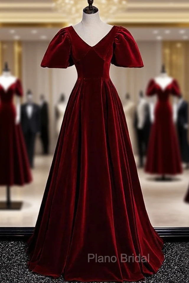 Burgundy Velvet V-neck Puff Sleeve Formal Prom Dresses