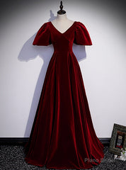 Burgundy Velvet V-neck Puff Sleeve Prom Dress