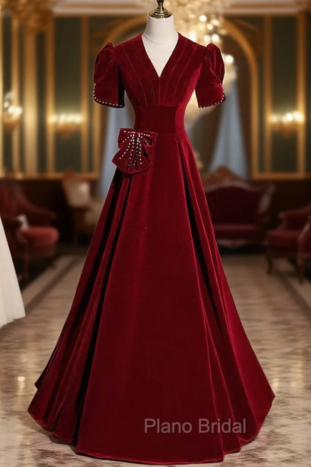 Burgundy Velvet V-neck Short Sleeve Formal Prom Dresses Main image