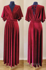 Burgundy Velvet Winter Formal Dresses V-Neck Long Bridesmaid Dresses