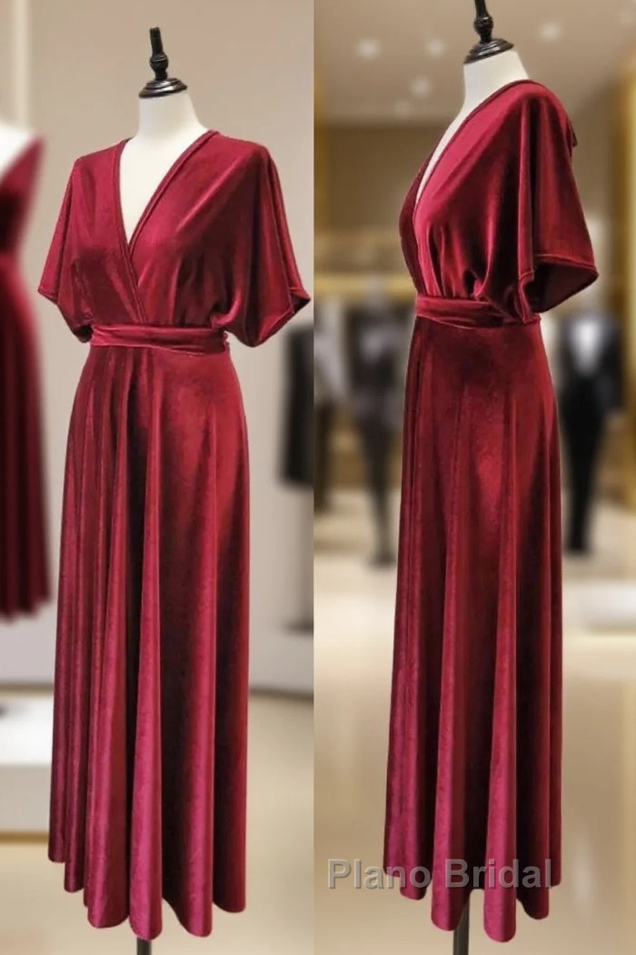Burgundy Velvet Winter Formal Dresses V-Neck Long Bridesmaid Dresses